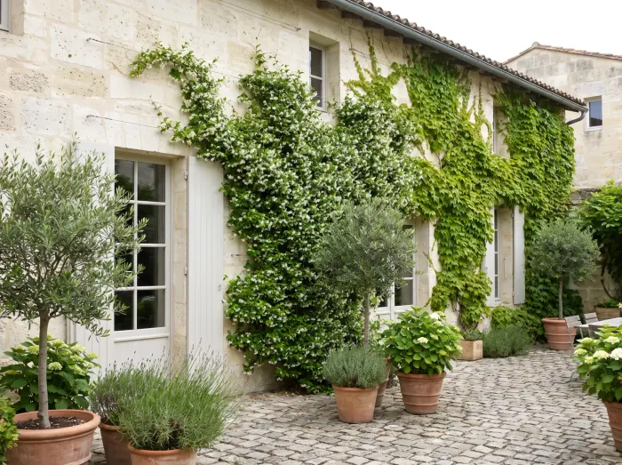 Jasmin étoilé et vigne vierge palissés sur câbles couvrant la façade en pierre d'une échoppe bordelaise
